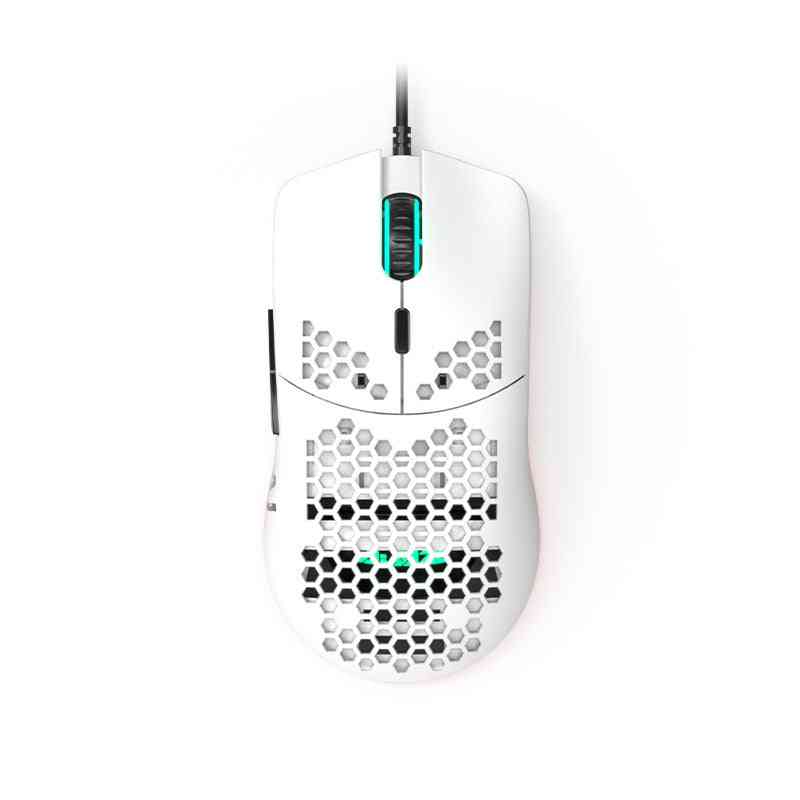 White gaming mouse with honeycomb design on a white background