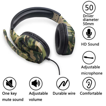 Camouflage gaming headset with features listed on a white background