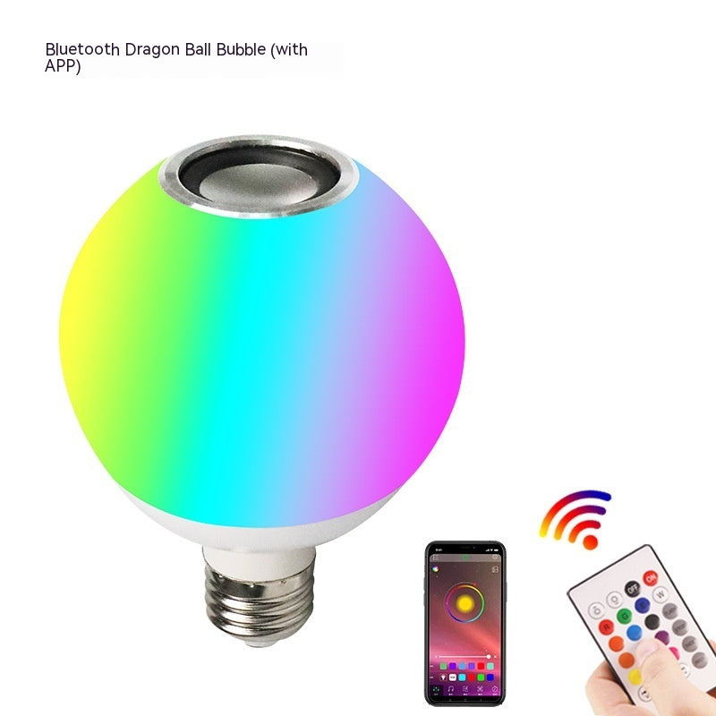 Colorful LED light bulb with Bluetooth speaker, smartphone, and remote control on a white background