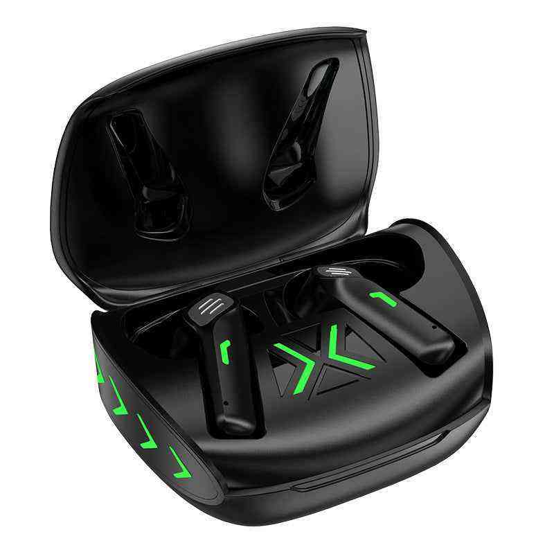 Black wireless earbuds in a charging case with green accents on a white background