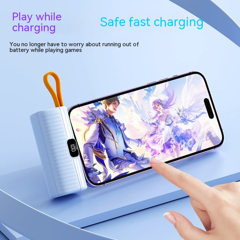 Phone with power bank on a blue background, showing safe fast charging feature.