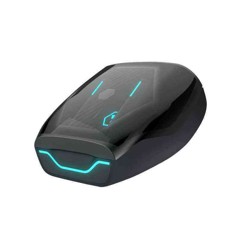 Black electronic device with blue LED lights on a white background