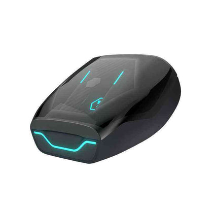 Black electronic device with blue LED lights on a white background