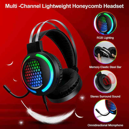 Multichannel lightweight honeycomb headset with RGB lighting on a red background