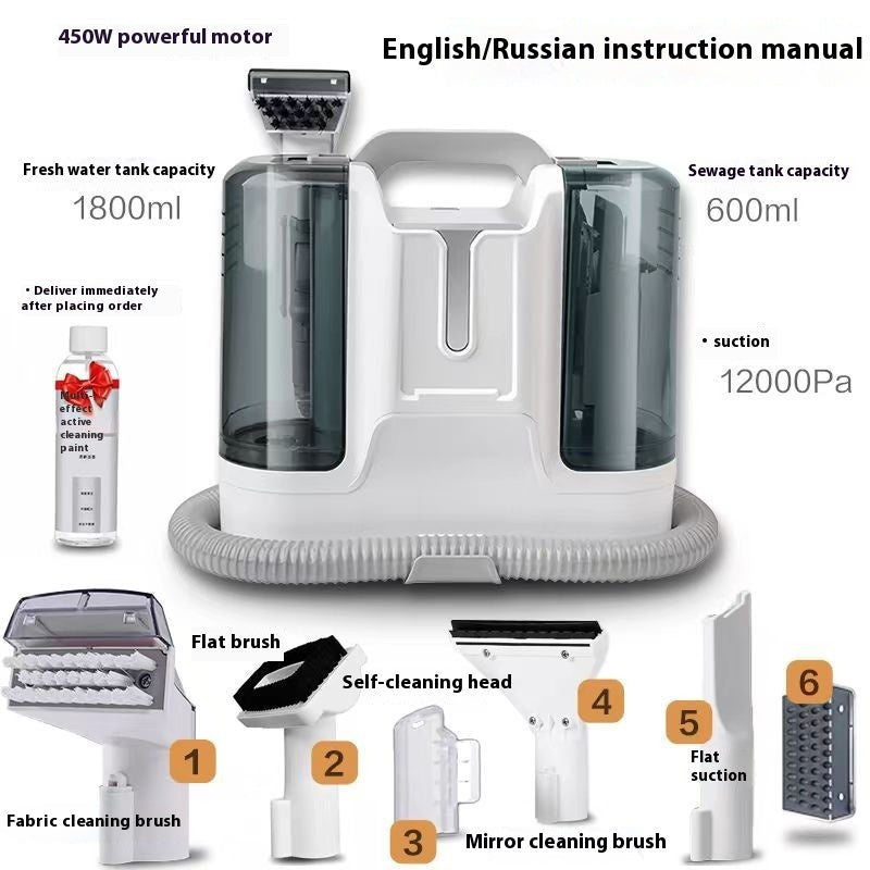 Cleaning device with attachments and specifications on a white background