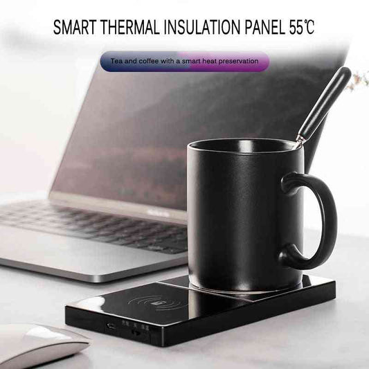 2 in 1 Heating Mug Cup Warmer Electric Wireless Charger on a smart thermal insulation panel with a laptop in the background