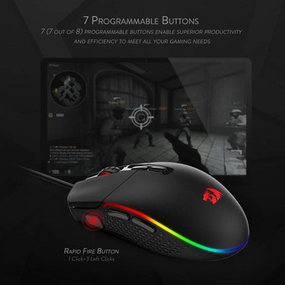 Gaming mouse with RGB lighting on a dark background, showing a gaming scene on a screen.