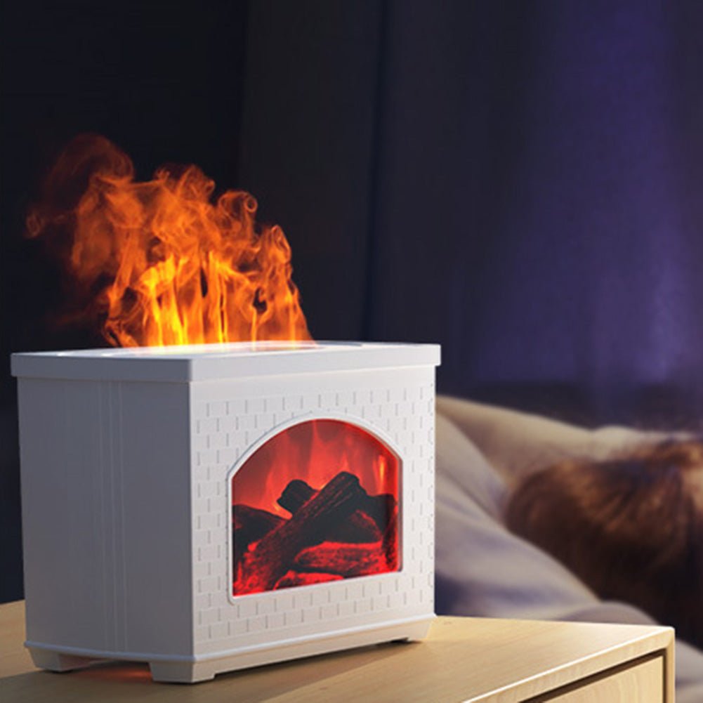 White electric fireplace insert with flames on a wooden surface