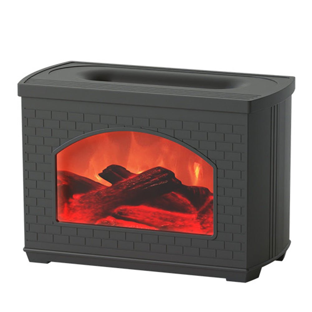 Black electric fireplace insert with glowing red interior on a white background