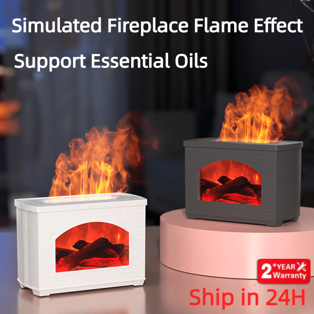 Two simulated fireplace flame effect devices on a blurred background with text about essential oils and shipping.
