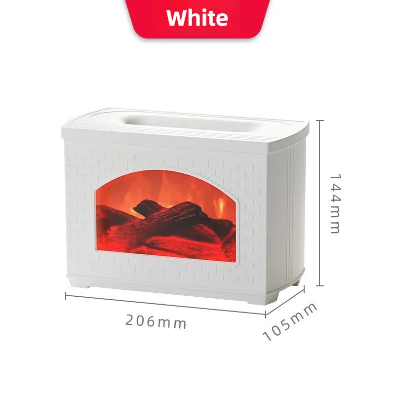 White electric fireplace with dimensions and red label on a white background