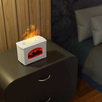 Small electric fireplace on a nightstand with flames inside