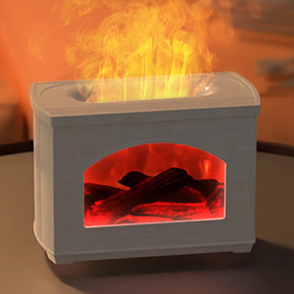 Faux fireplace with glowing red interior and flames on a blurred background