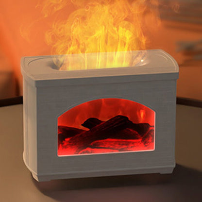 Faux fireplace with glowing red interior and flames on a blurred background