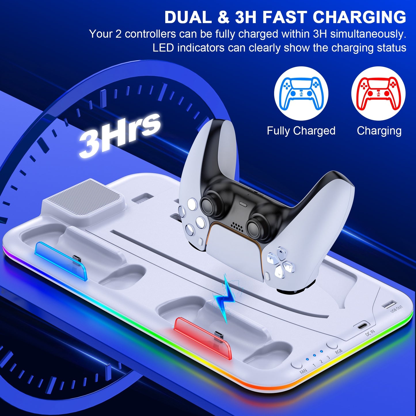 Gaming controller charging station with dual charging capability on a blue background