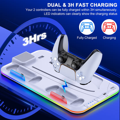 Gaming controller charging station with dual charging capability on a blue background