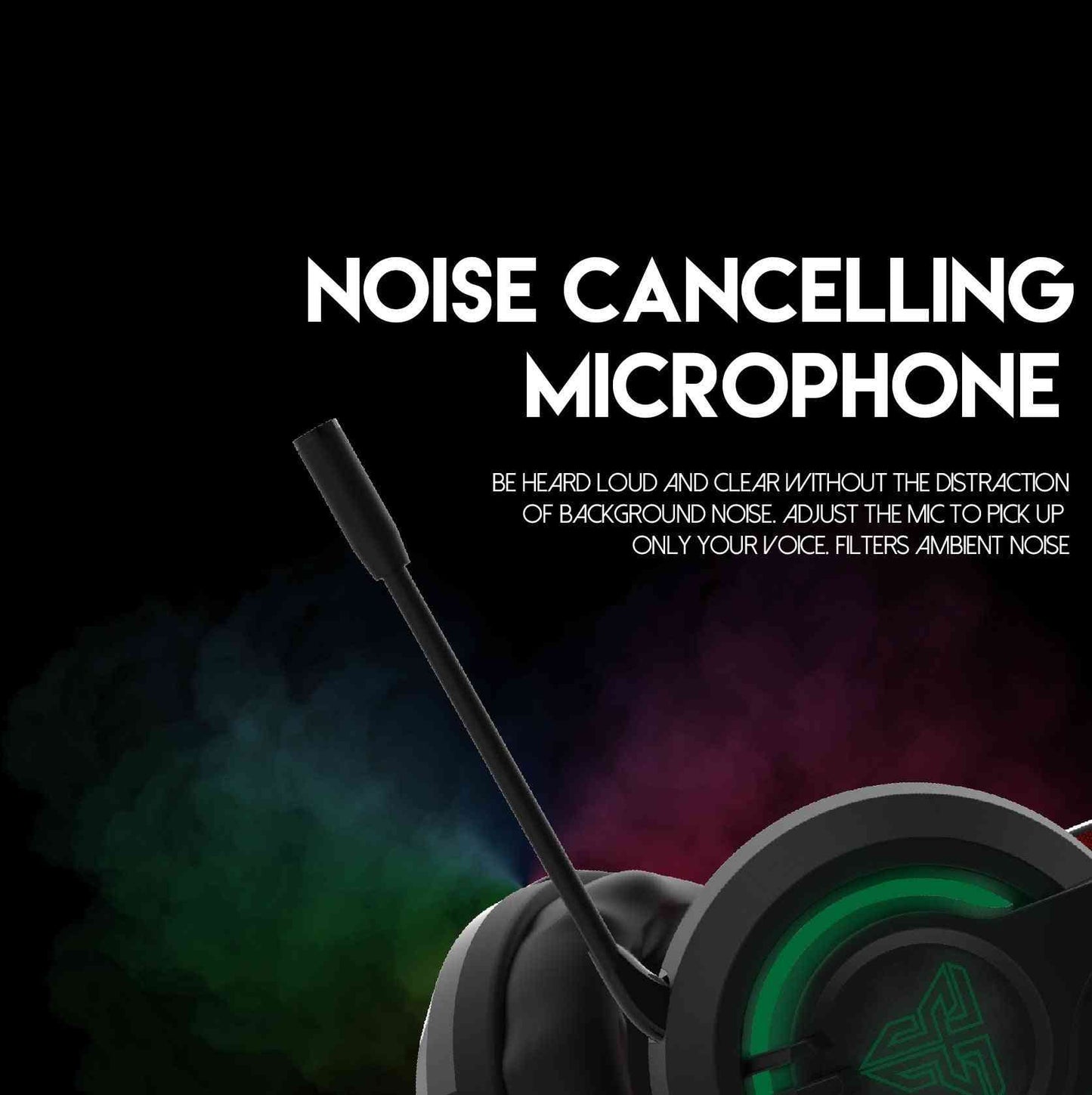 Noise cancelling microphone with text on a dark background