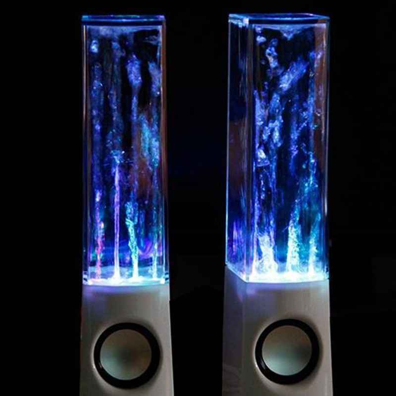 Pair of LED water lamp speakers with colorful light effects on a black background