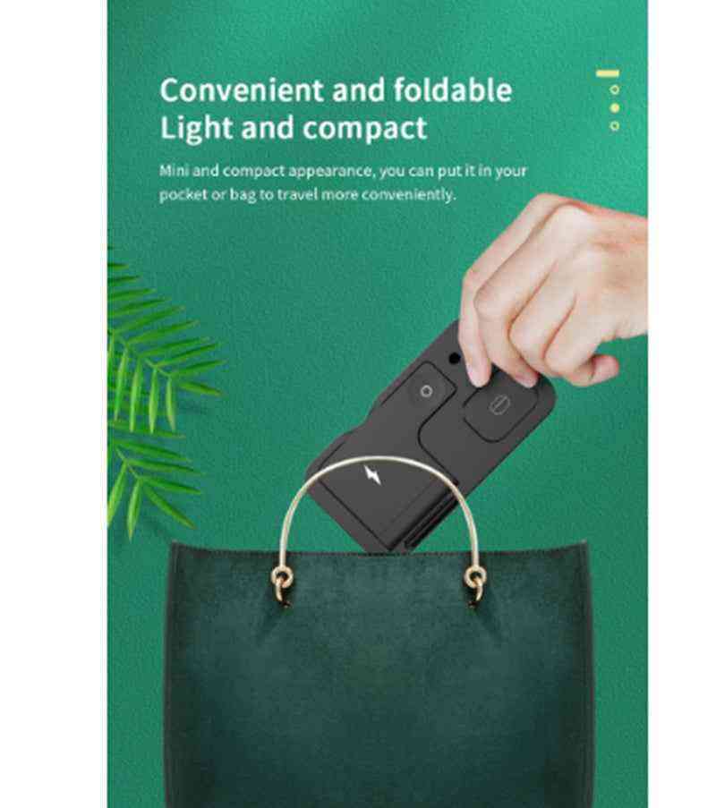 Hand holding a compact device with text about its convenience and foldable nature on a green background.