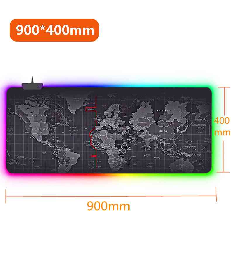 World map mouse pad with RGB lighting, dimensions indicated.