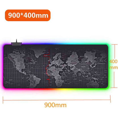 World map mouse pad with RGB lighting, dimensions indicated.