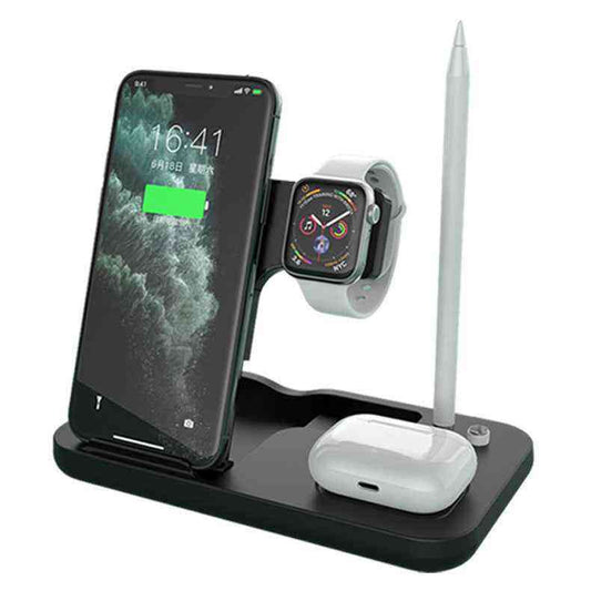 Black multi-device charging stand with smartphone, smartwatch, and wireless earbuds on a white background