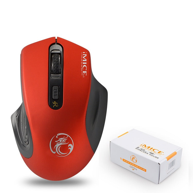 Red and black computer mouse with iMICE branding next to its packaging on a white background
