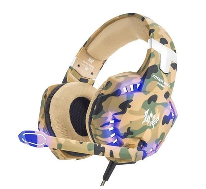 Camouflage gaming headset with RGB lighting on a white background