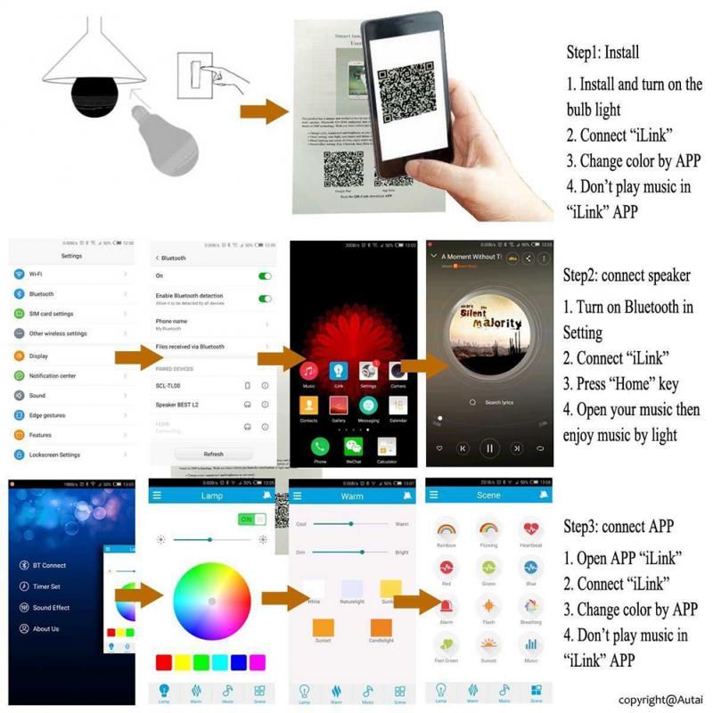 Collage of images showing a smart light bulb setup process with smartphone, app interface, and QR code.