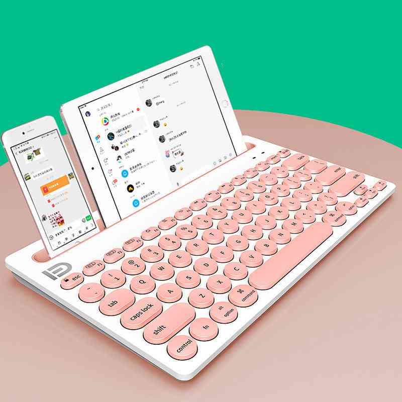 Pink wireless bluetooth keyboard with smartphone and tablet on a green background