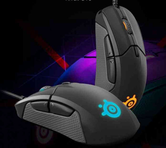 Two gaming mice with a visible brand logo on a dark background