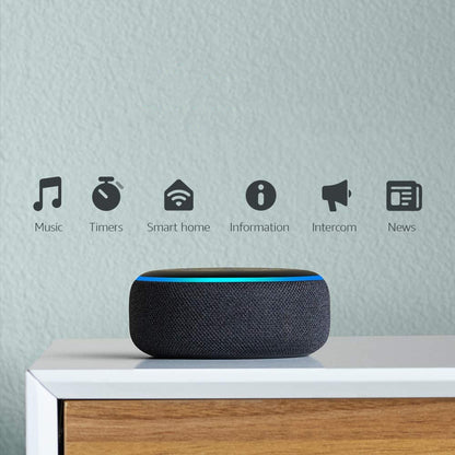 Smart speaker with icons on a wall indicating its functions