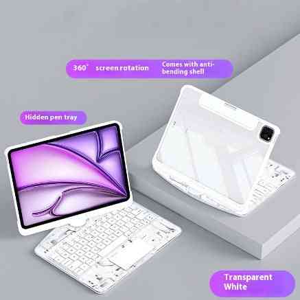 Transparent white keyboard case with screen rotation feature on a gray background