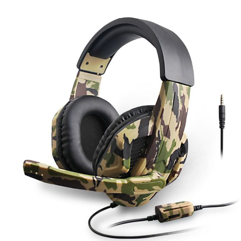 Camouflage gaming headset with microphone on a white background
