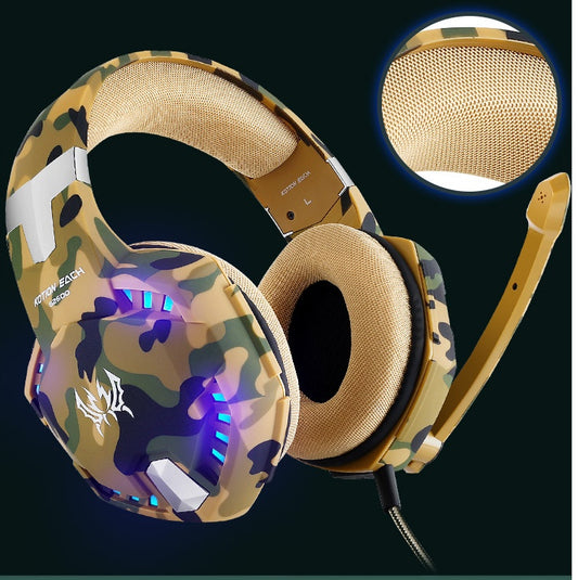 Camouflage gaming headset with LED lights on a black background
