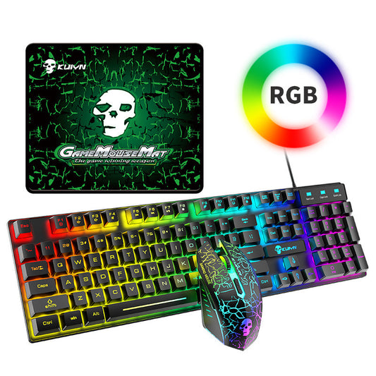 Gaming keyboard, mouse, and mouse pad with RGB lighting on a white background