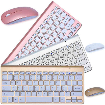 Set of wireless keyboards and mice in rose gold, silver, and gold on a white background