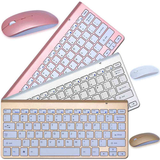 Set of wireless keyboards and mice in rose gold, silver, and gold on a white background