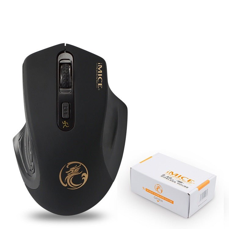 Black computer mouse with gold accents and iMICE branding next to its packaging on a white background