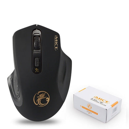 Black computer mouse with gold accents and iMICE branding next to its packaging on a white background