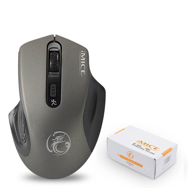 Gray computer mouse with iMICE branding next to its packaging on a white background