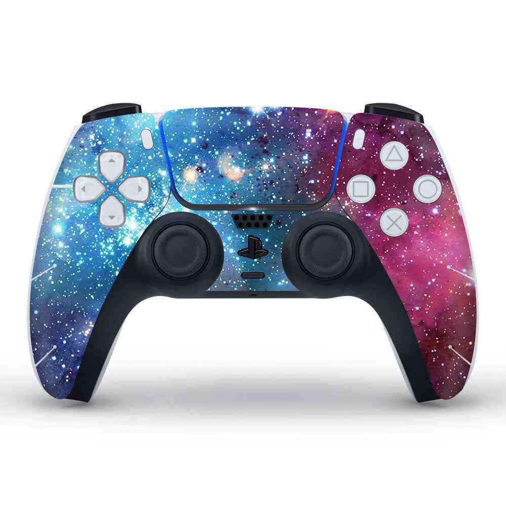 Gaming controller with a colorful galaxy design on a white background