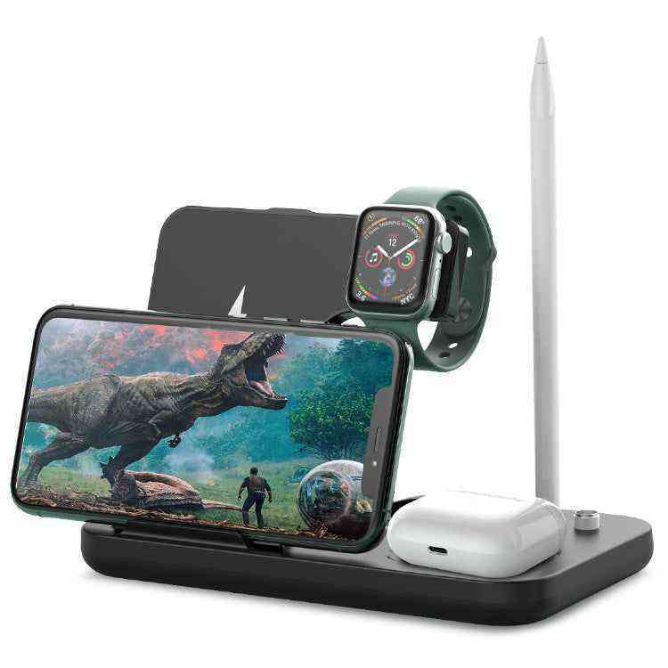 Multi-device charging stand with phone, watch, and airpods on a white background