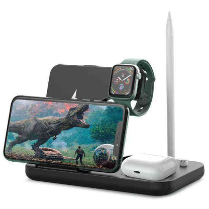 Multi-device charging stand with phone, watch, and airpods on a white background