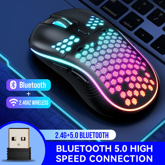 Gaming mouse with RGB lighting on a keyboard, featuring Bluetooth and wireless connectivity.