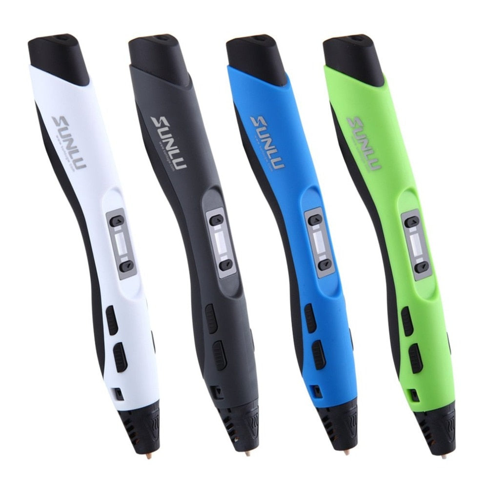 Four 3D printing pens in white, black, blue, and green on a white background