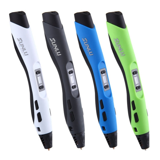Four 3D printing pens in white, black, blue, and green on a white background