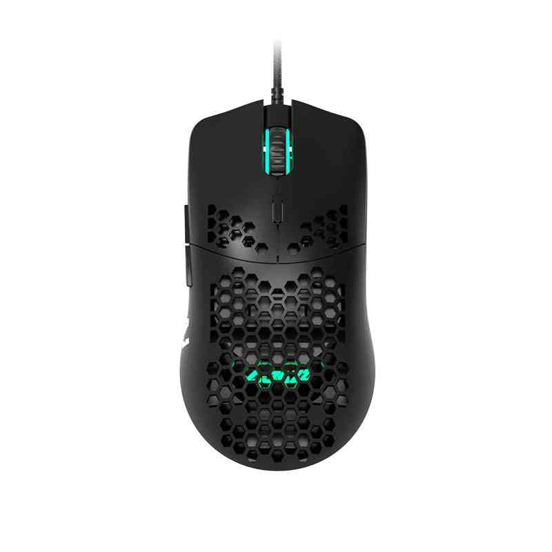 Black gaming mouse with honeycomb design on a white background