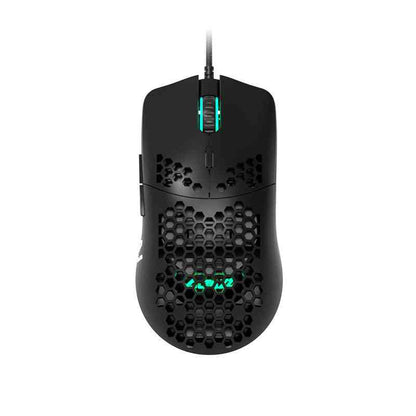 Black gaming mouse with honeycomb design on a white background