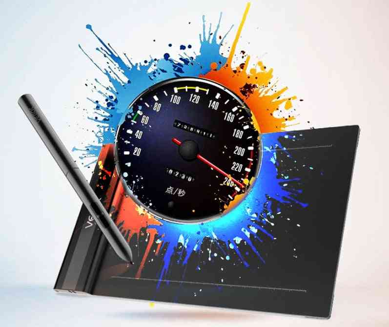 Speedometer design on a tablet with colorful splashes on a white background
